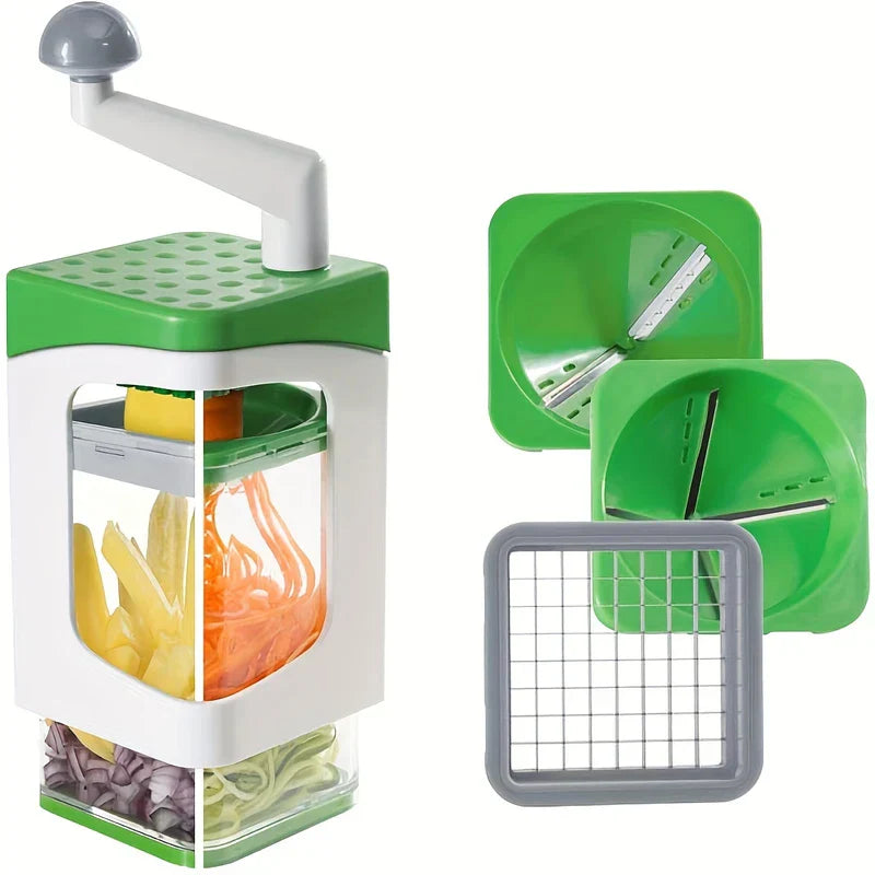 Spiral vegetable slicer chopper with fresh potatoes and zucchini nearby