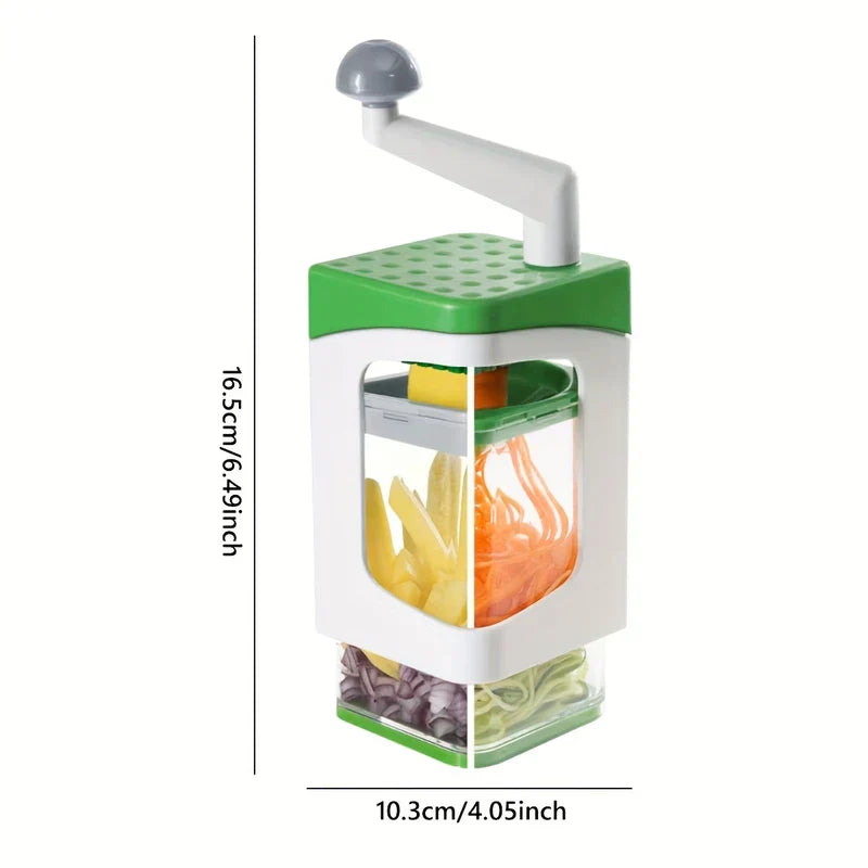 Vertical vegetable slicer with green top, white frame, clear body shown with cut veggies inside, height 16.5cm, width 10.3cm