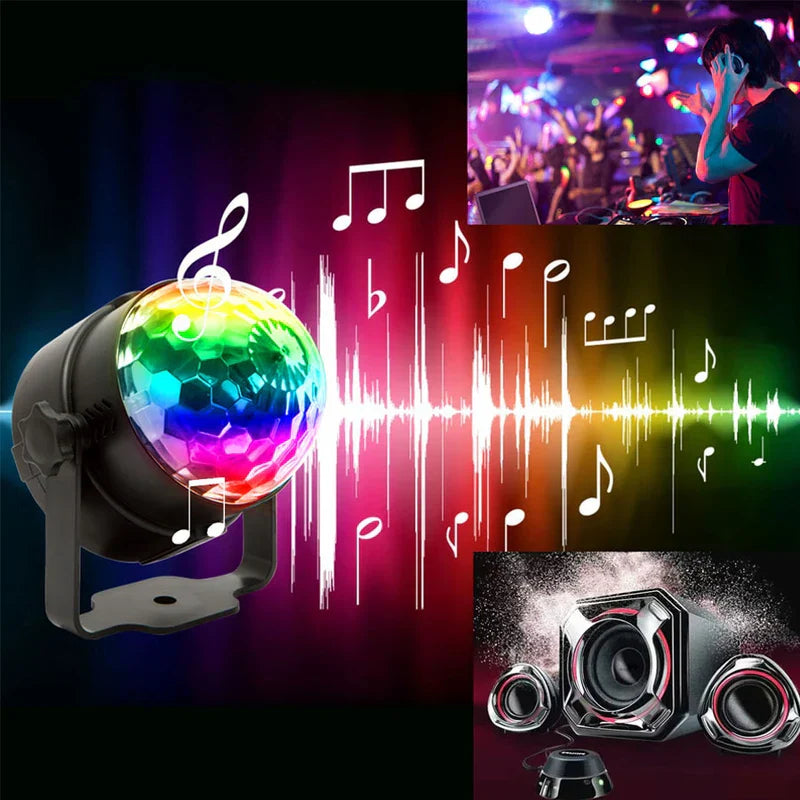 Lit RGB disco light with music notes, audio waveform, DJ club scene, and speaker graphics on dark gradient background