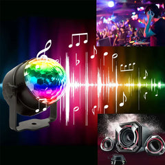 Lit RGB disco light with music notes, audio waveform, DJ club scene, and speaker graphics on dark gradient background