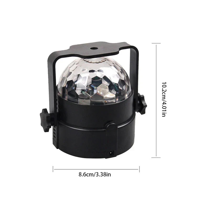 Black unlit disco light with clear faceted dome and mounting bracket, marked with 8.6cm width and 10.2cm height dimensions