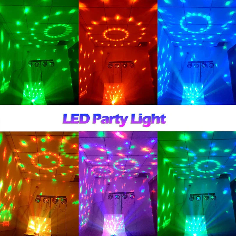 Six-panel grid showing green, red, blue, multicolor, purple, and cyan projected patterns from an LED disco light