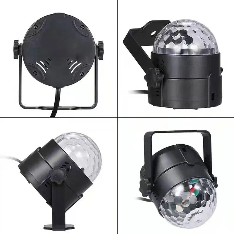 Four-angle view of a black disco light with clear faceted lens, adjustable bracket, and power cord