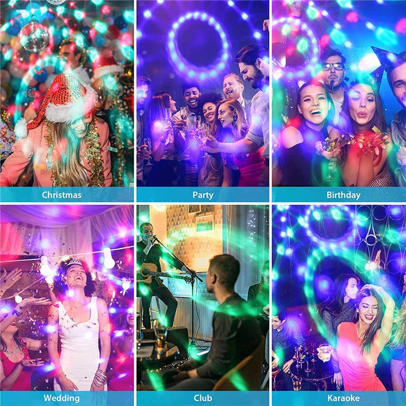 Six party scene photos showing disco light effects at Christmas, parties, birthdays, weddings, clubs, and karaoke