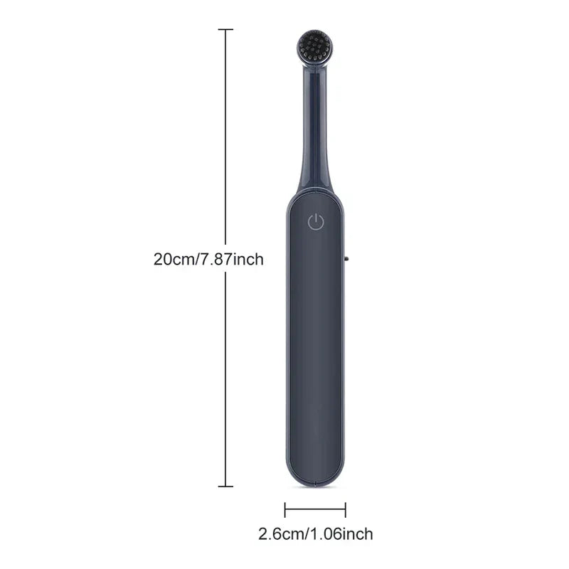 Dark gray rotating electric toothbrush with dimensions: 20cm/7.87inch height, 2.6cm/1.06inch width, on white background