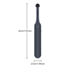 Dark gray rotating electric toothbrush with dimensions: 20cm/7.87inch height, 2.6cm/1.06inch width, on white background