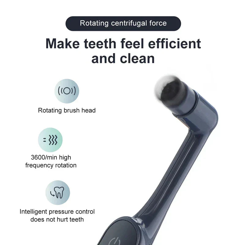 Close-up of a rotating electric toothbrush brush head in motion, with text noting rotation speed and pressure control features