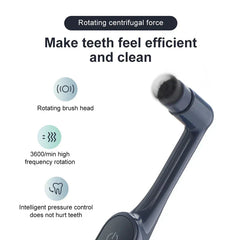Close-up of a rotating electric toothbrush brush head in motion, with text noting rotation speed and pressure control features