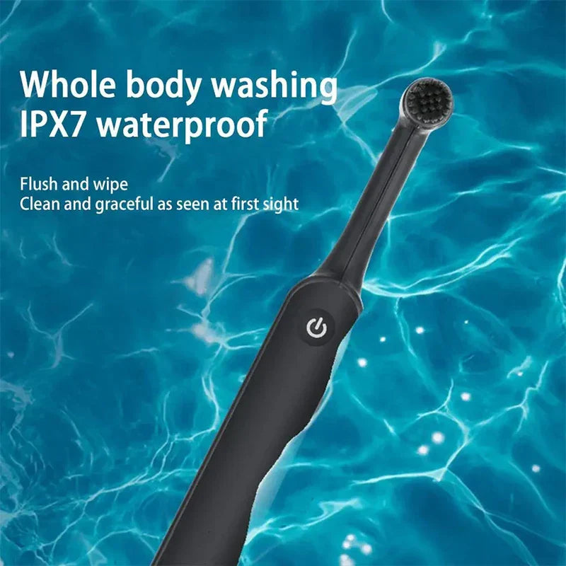 Black rotating electric toothbrush placed against blue water background, with IPX7 waterproof text displayed