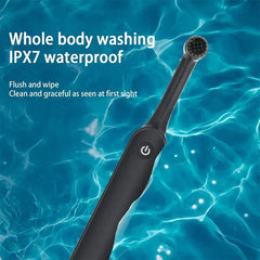 Black rotating electric toothbrush placed against blue water background, with IPX7 waterproof text displayed