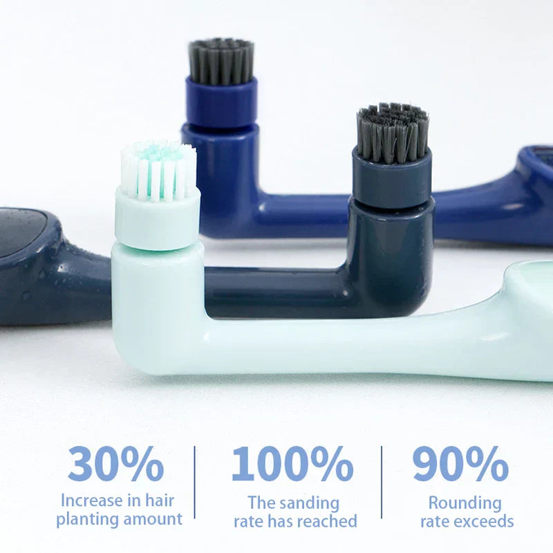 Three rotating electric toothbrush heads with bristles and three stats: 30% increase in hair planting amount, 100% sanding rate, 90% rounding rate