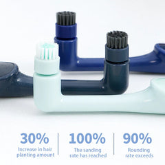 Three rotating electric toothbrush heads with bristles and three stats: 30% increase in hair planting amount, 100% sanding rate, 90% rounding rate