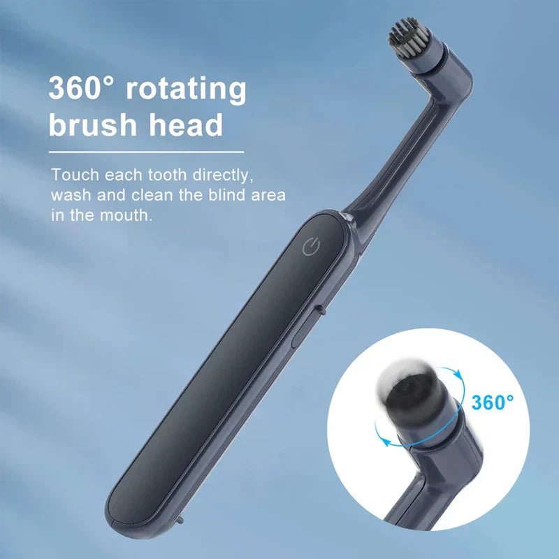 Dark rotating electric toothbrush with 360° rotating brush head, blue background, and closeup of 360° rotation indicator