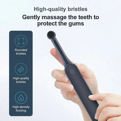 Hand holding a dark rotating electric toothbrush with text listing rounded bristles, high-quality bristles, high-density flocking