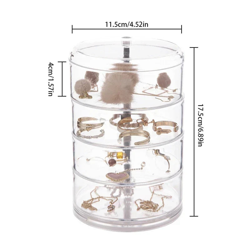 4-layer clear round jewelry organizer box on white background, with earrings, rings, necklaces inside, labeled with cm and inch dimensions