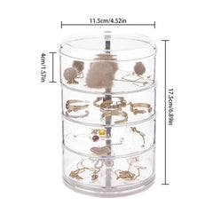4-layer clear round jewelry organizer box on white background, with earrings, rings, necklaces inside, labeled with cm and inch dimensions