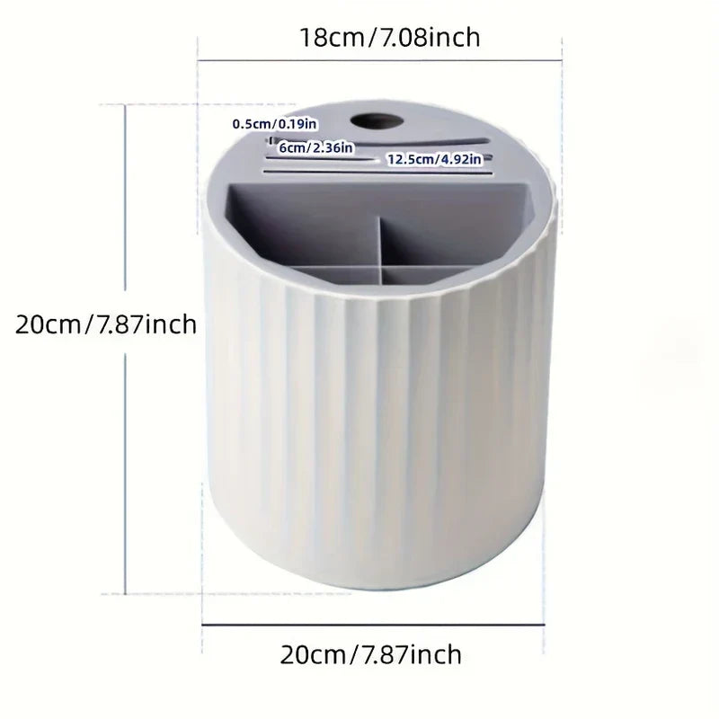 Gray rotating kitchen utensil holder with dimension labels showing height, diameter, and top slot sizes.