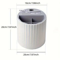 Gray rotating kitchen utensil holder with dimension labels showing height, diameter, and top slot sizes.