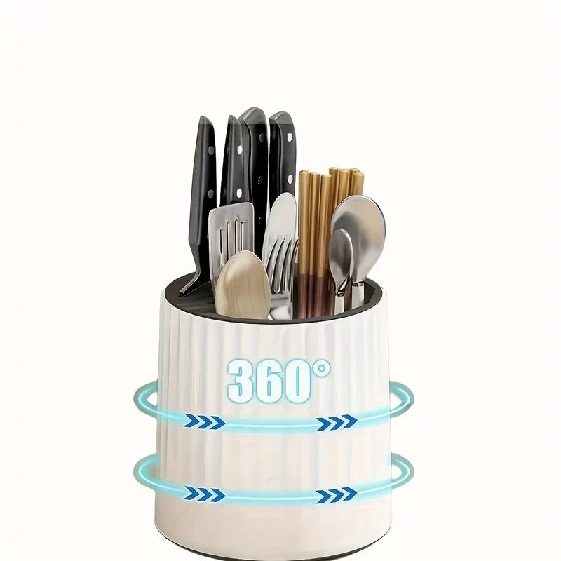 White rotating kitchen utensil holder holding knives, chopsticks, spoons, and forks with 360° rotation graphic.