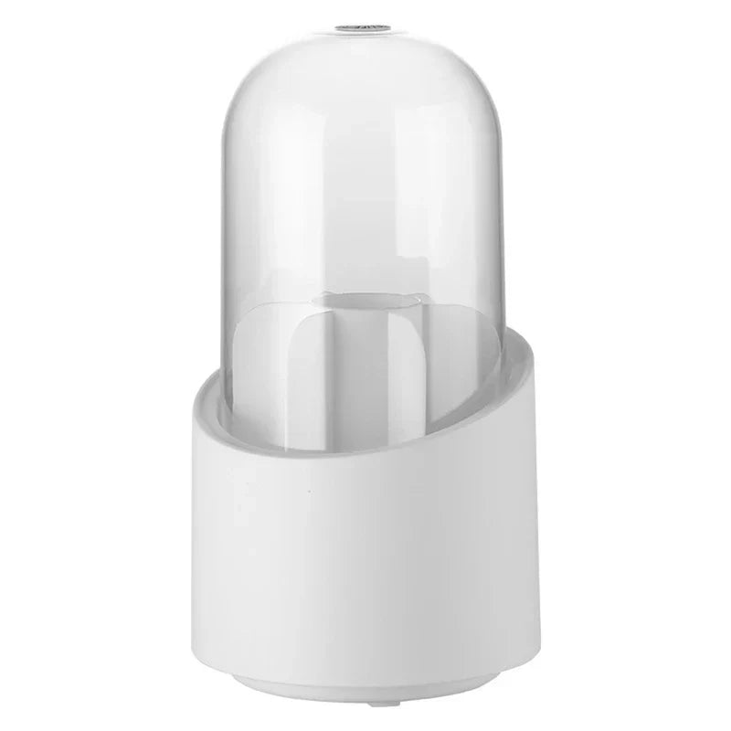 Rotating makeup brush holder with brushes stored upright