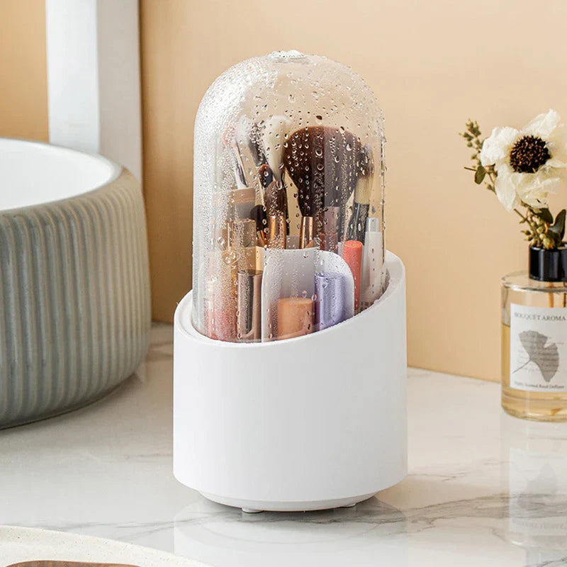 Spinning makeup brush holder on a vanity countertop