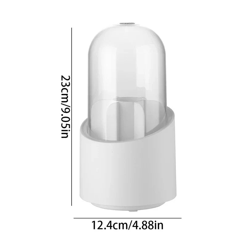 White rotating makeup brush holder with clear dome cover, dimensions 23cm tall by 12.4cm wide, on plain white background