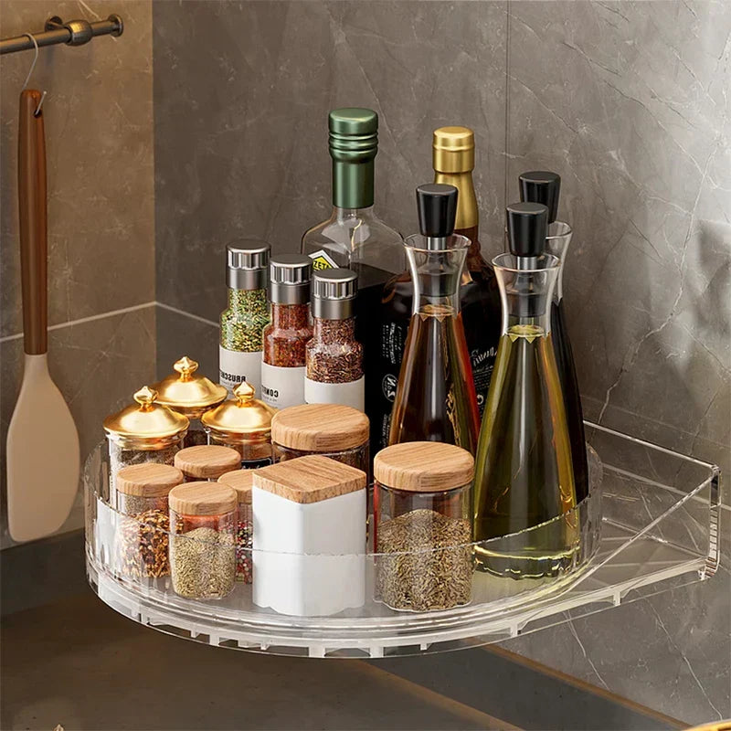 Turntable spice rack on a countertop with spices