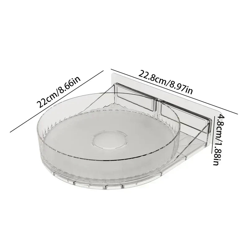 Clear rotating corner spice rack cabinet with wall mount, labeled with cm and inch dimensions.