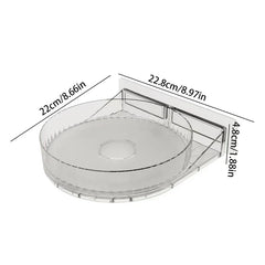 Clear rotating corner spice rack cabinet with wall mount, labeled with cm and inch dimensions.