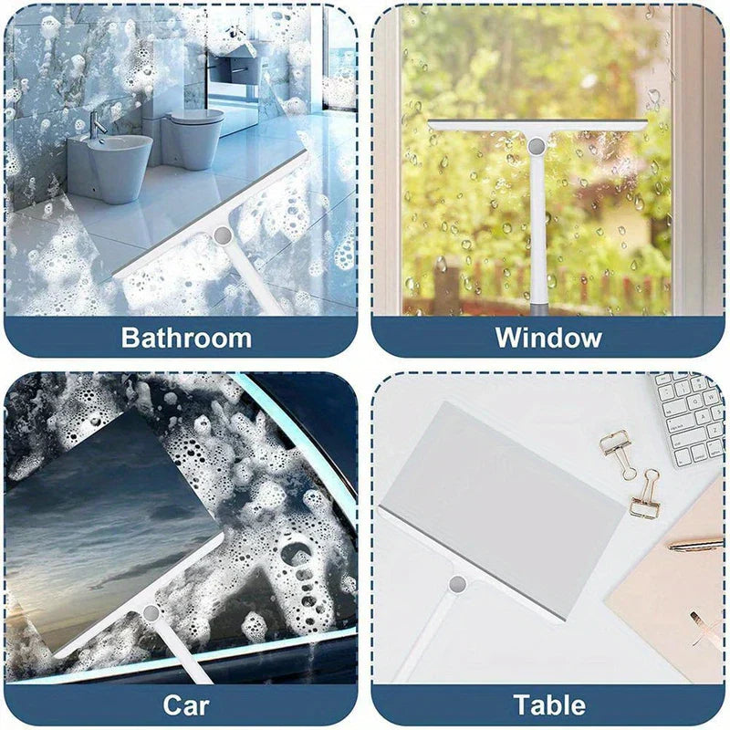 Gráfico de cuatro paneles que muestra la escobilla de vidrios giratoria usada en el baño, en la ventana, en el coche y en la mesa