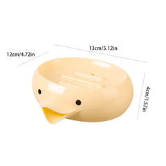 Light yellow duck-shaped soap dish holder with dimension labels on white background