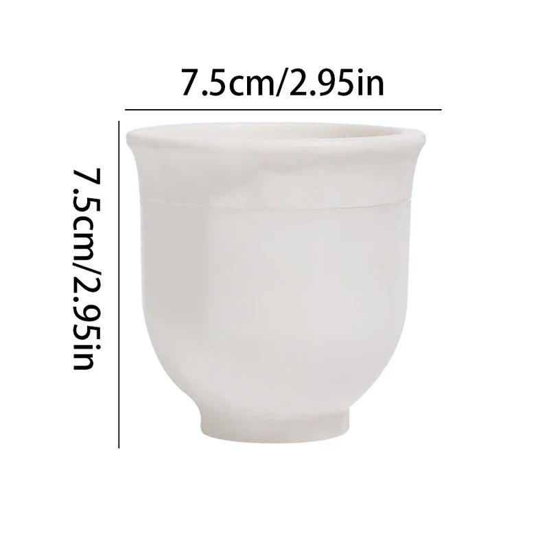 White cup-shaped ice ball maker shown with 7.5cm height and 7.5cm diameter measurements
