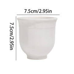 White cup-shaped ice ball maker shown with 7.5cm height and 7.5cm diameter measurements
