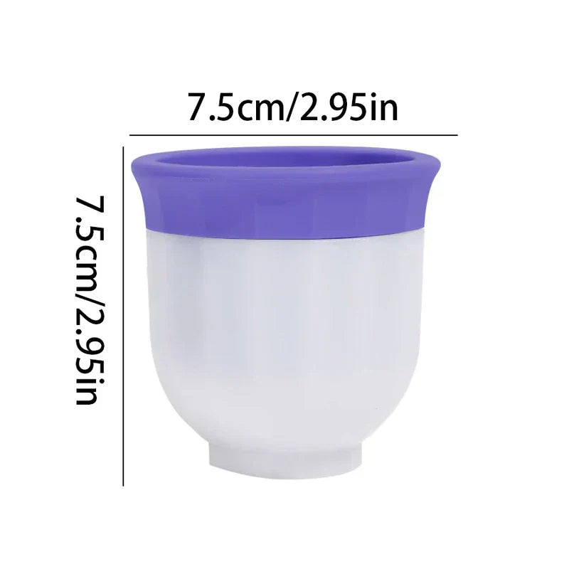Purple and white two-tone ice ball maker with 7.5cm height and 7.5cm width markings