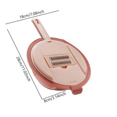 Pink vegetable slicer grater with handle, sized 28cm x 18cm x 8cm, shown on white background