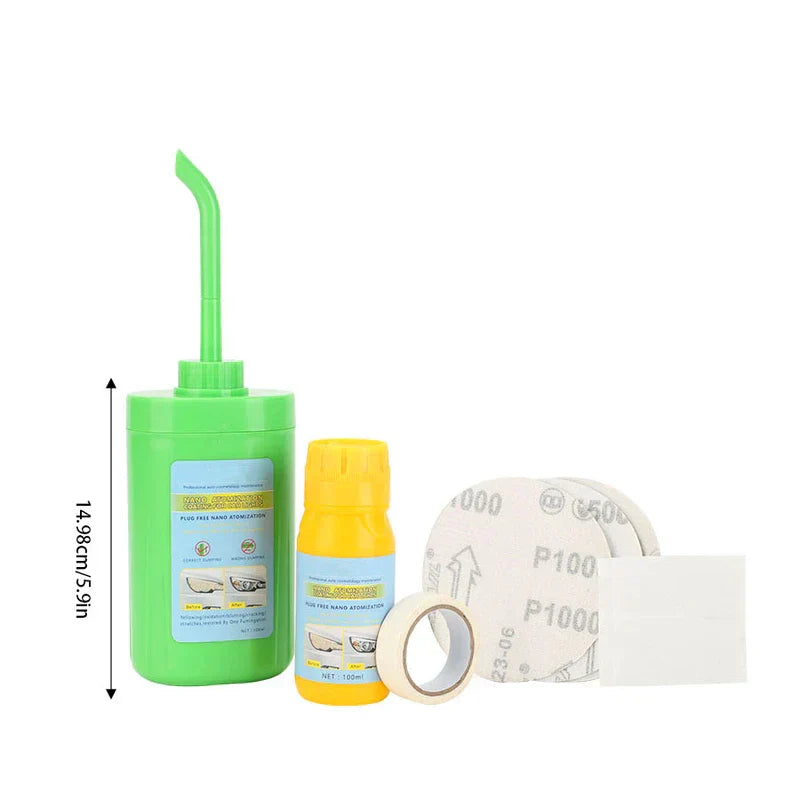 Car headlight restoration kit with green spray bottle, yellow liquid bottle, sanding discs, masking tape, and wiping pad against white background.