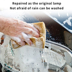 Hand with soapy sponge washing a car headlight, with text stating repaired as original lamp, not afraid of rain can be washed, for headlight restoration kit.