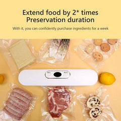 White bag heat sealer surrounded by various vacuum-sealed foods, with text about extending food preservation time.