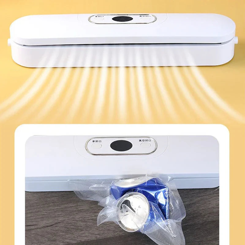 White bag heat sealer shown closed above, and below sealing a plastic bag containing items on a wood surface.