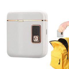 White tweezerman nail cutter with rose gold accents next to hand holding it above yellow backpack