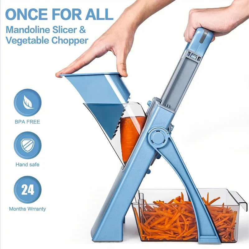 Mandoline slicer and chopper in upright position