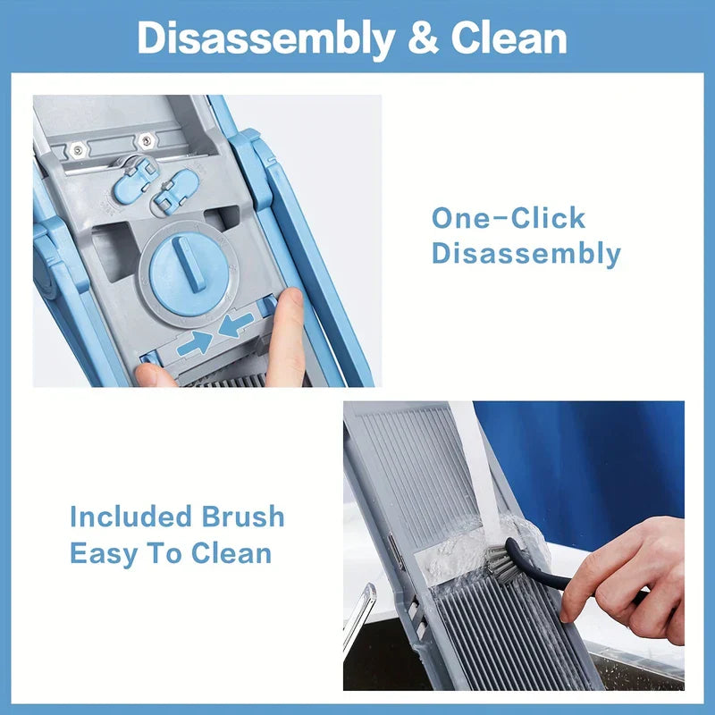 Disassembly and cleaning demo of a chopper mandoline with one-click disassembly and included cleaning brush