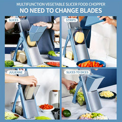 Multifunction chopper mandoline slicing, stripping, julienning, and dicing vegetables, no blade changes