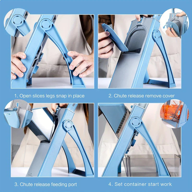 4-step setup of a chopper mandoline: open legs, remove cover, release feeding port, set container