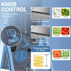 Diagram shows knob control features of a chopper mandoline, including cut types and 0.1–8mm thickness adjustment.