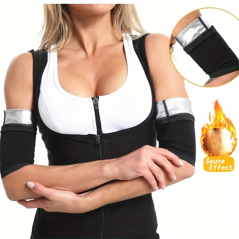 Woman wearing arm shaper sleeves during workout