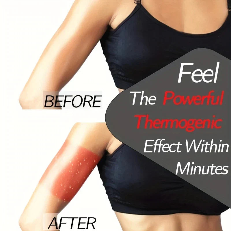 Before and after arm comparison showing sweat with text about thermogenic effect for arm shaper sleeves