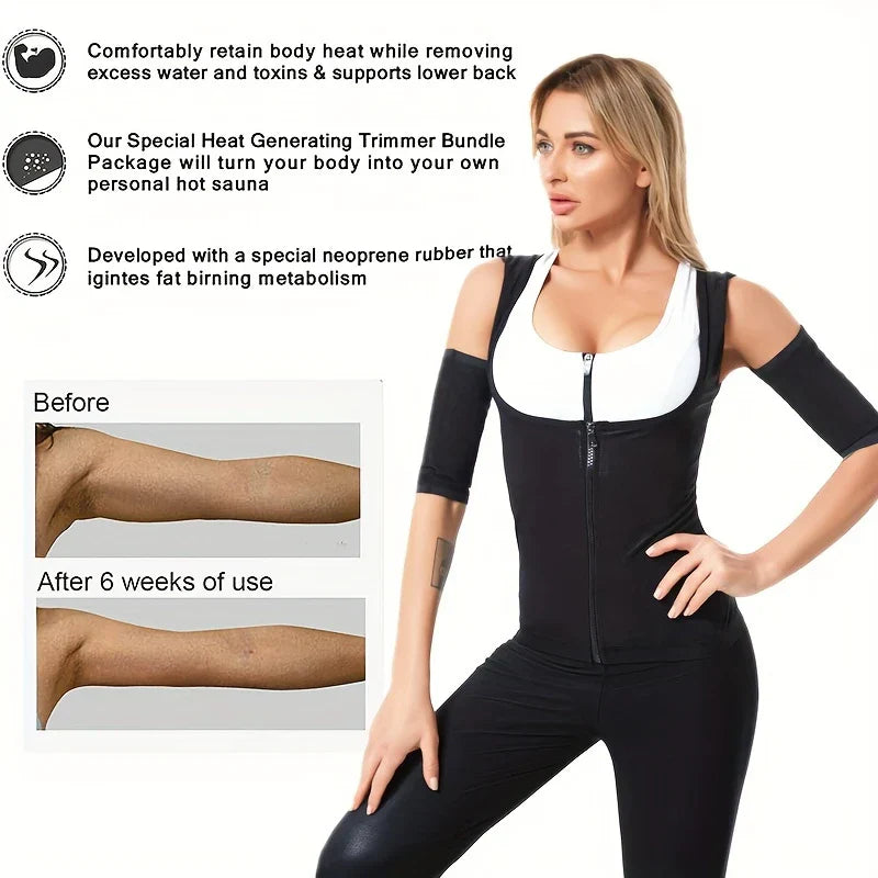 Arm shaper sleeves and zip-front torso shaper set shown with before/after arm comparison, three product benefit text points