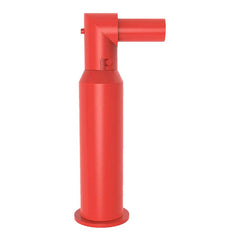Red L-shaped skewer kebab maker box standing upright on a round base, on a plain white background