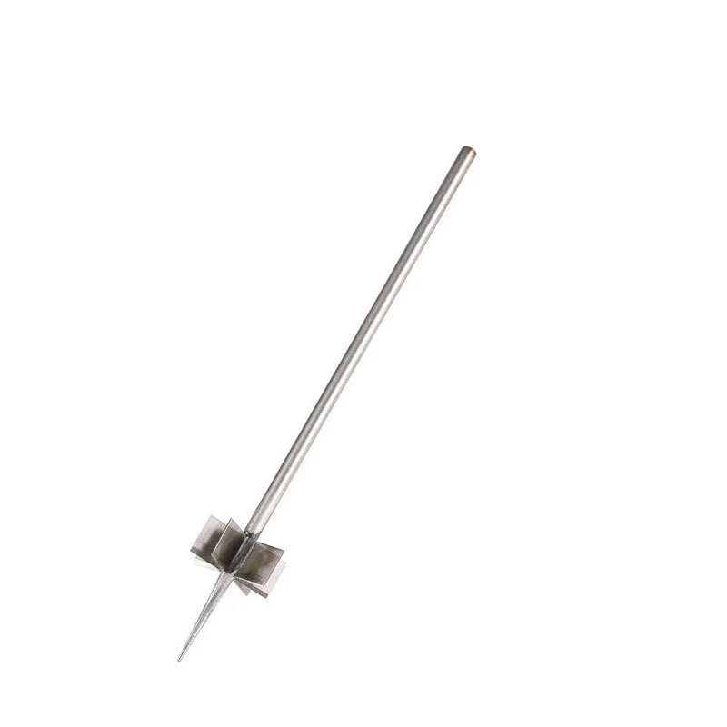 Stainless steel scallion shredder cutter with long rod handle, radial blade head, and pointed tip on white background